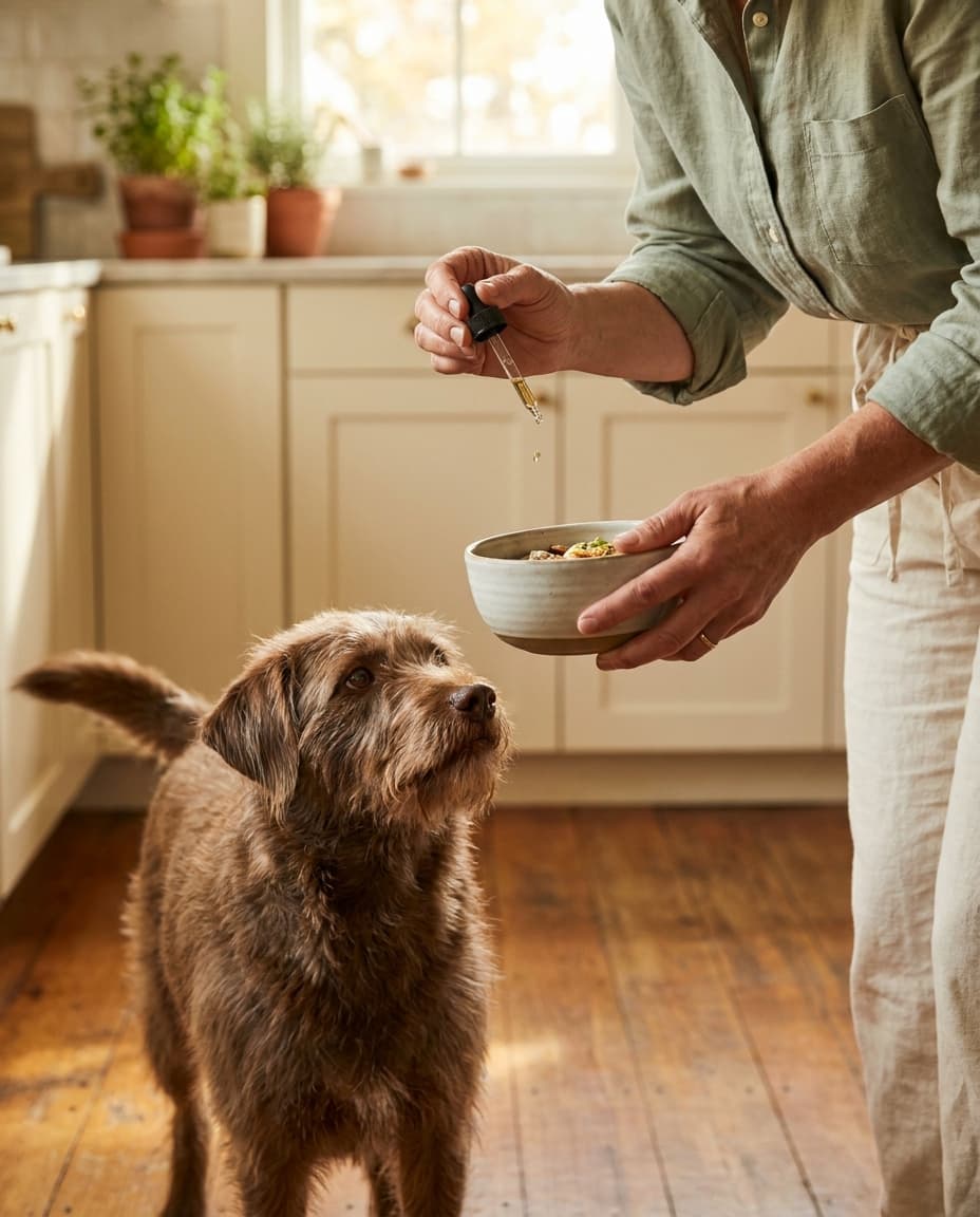 A person gently administering CBD oil to their dog's food bowl