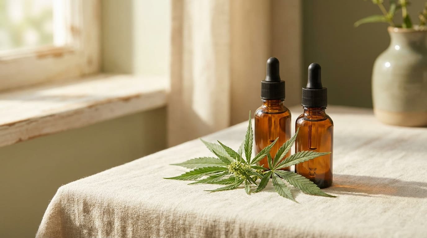 Two amber CBD dropper bottles side by side with fresh hemp leaves between them