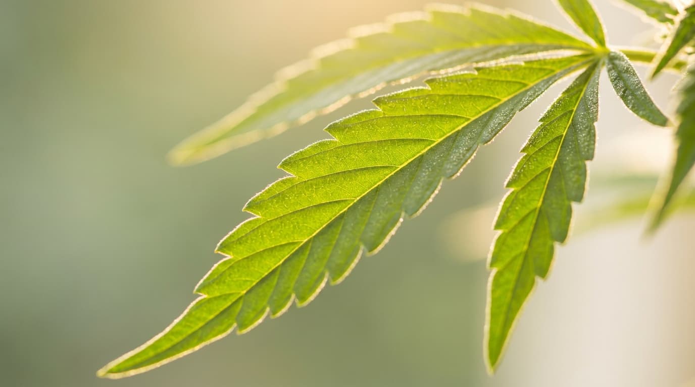 Macro view of a fresh hemp leaf with sunlight transmitting through the veins